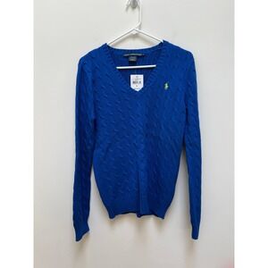 Ralph Lauren Sweater Women's L Royal Blue Cable Knit V-Neck Cotton Pony Logo NWT